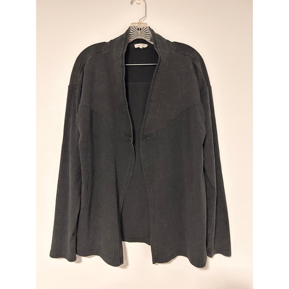 Mystree Womens Open Front Cardigan Faded Black Ribbed Mixed Media Large L